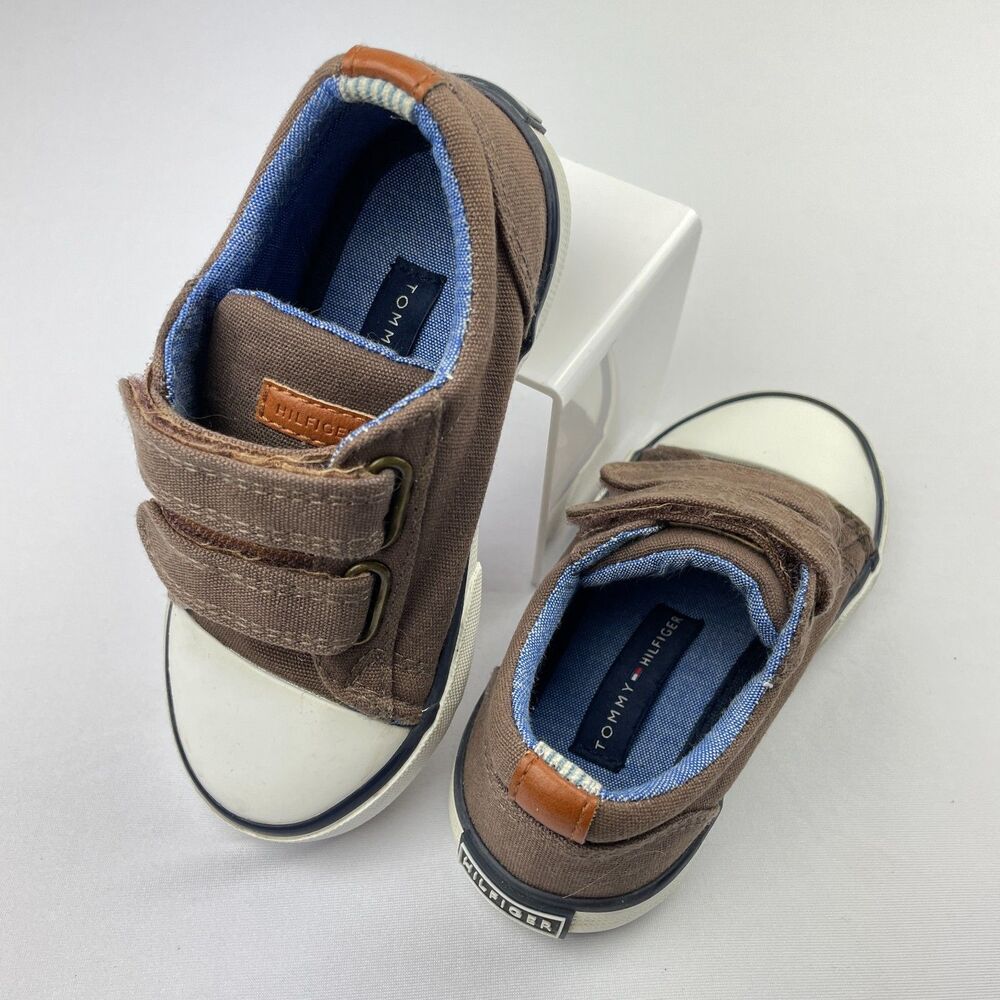 ~ Tommy Hilfiger Kids Sneakers 7 Brown Canvas Rubber Hook & Loop Blue  ~